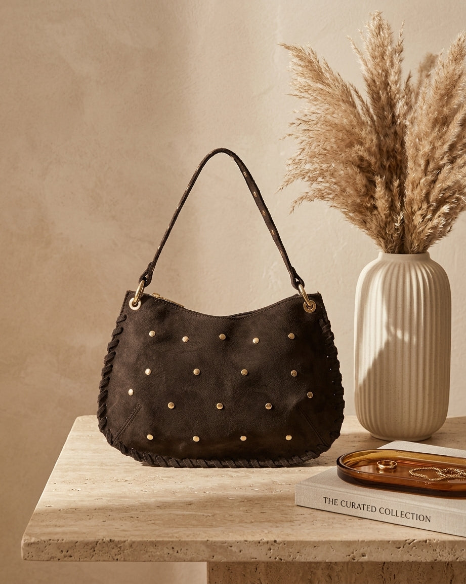 Bruin leren schoudertasje met studs van Teatro, crossbody tas