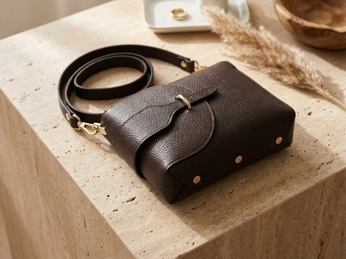 Donkerbruin leren schoudertasje met gouden studs, crossbody tas