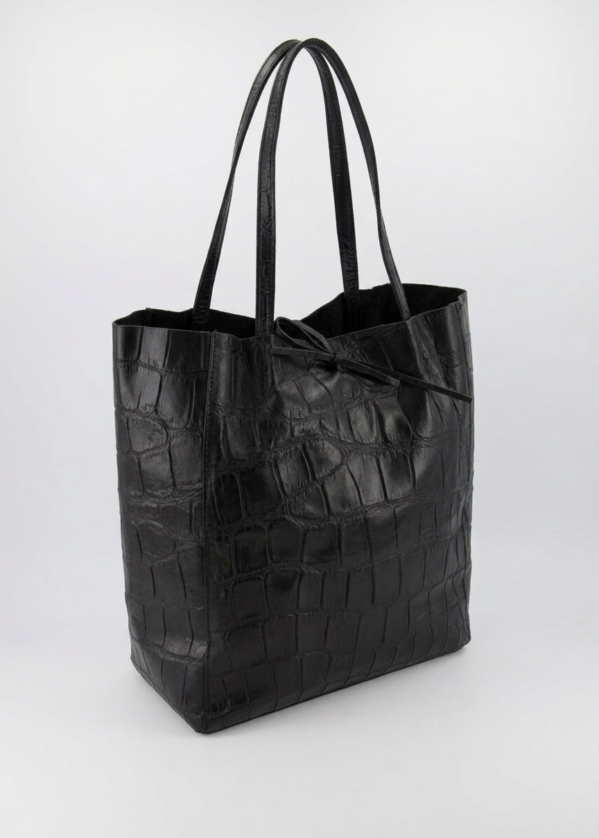 Zwarte leren shopper met krokodillen print, ruime draagtas
