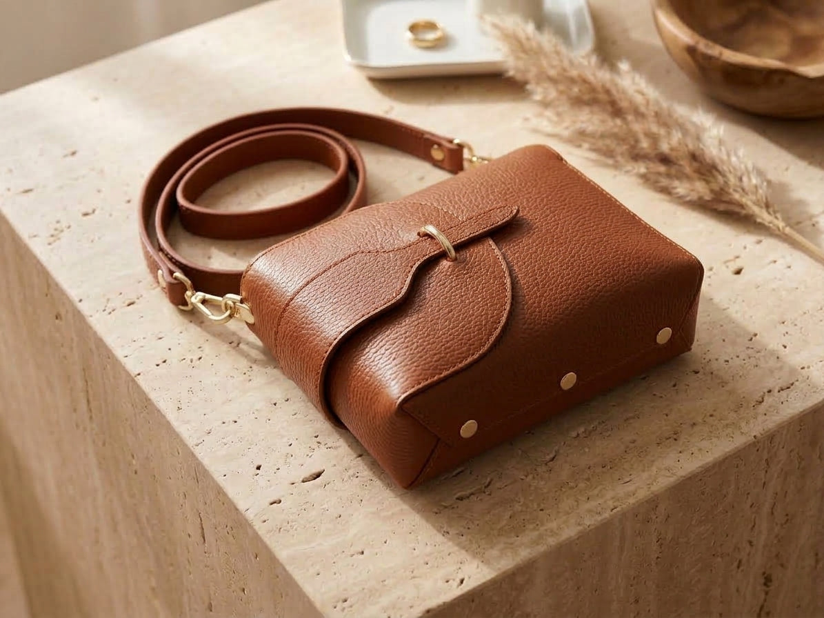 Cognac leren schoudertasje met gouden studs, crossbody tas