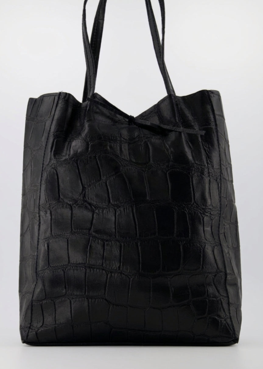 Leren shopper in zwart met croco print, Teatro model